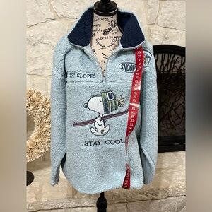 Peanuts Light Blue Sherpa 'Stay Cool' Half-Zip Pullover with Navy Collar